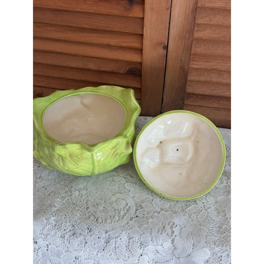 Vintage 1971 Mabel and Orval Kalb Ceramic Cabbage Tureen Green Leaf Lidded Bowl